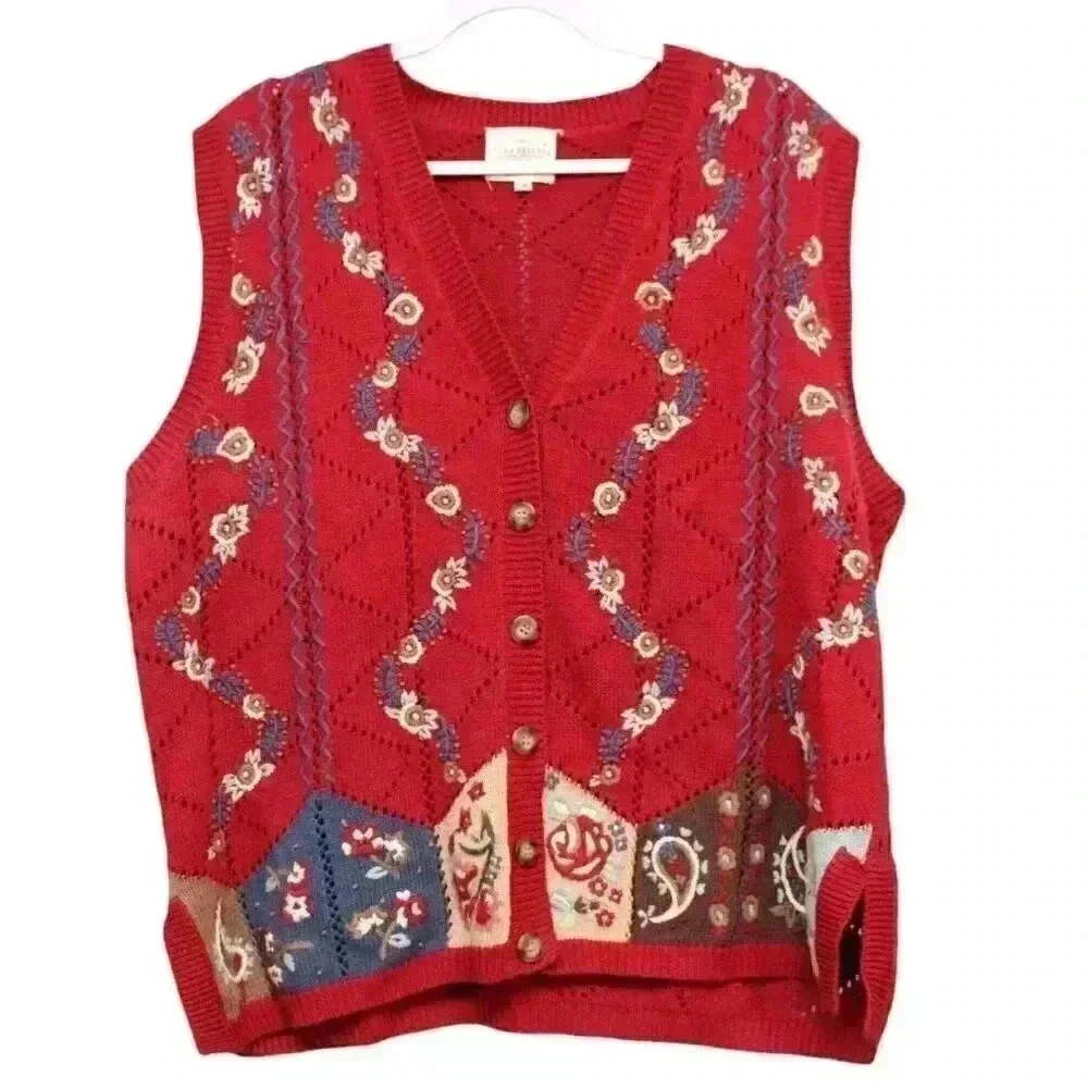 Vintage 90s Susan Bristol Sweater Vest Size 1X Knit Paisley Floral Embroidered